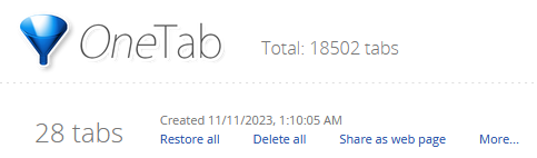 OneTab showing 18,000 saved tabs